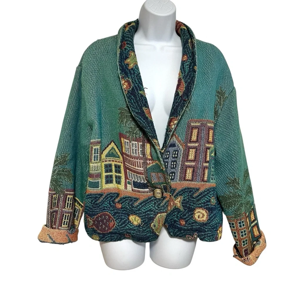 Vintage Sugar Street Weavers Tapestry Cardigan Cottage Water Size Large 100% - Picture 1 of 9